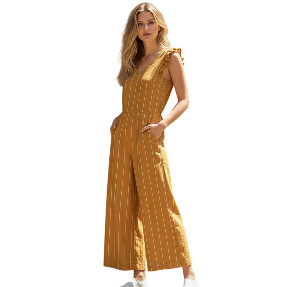 SAGE THE‎ LABEL Women Jumper Ruffle Shoulder Wide Leg M Mustard Stripe Linen